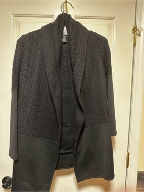 St. John Black Cable-Knit Shawl-Collar jacket and sleeveless top
